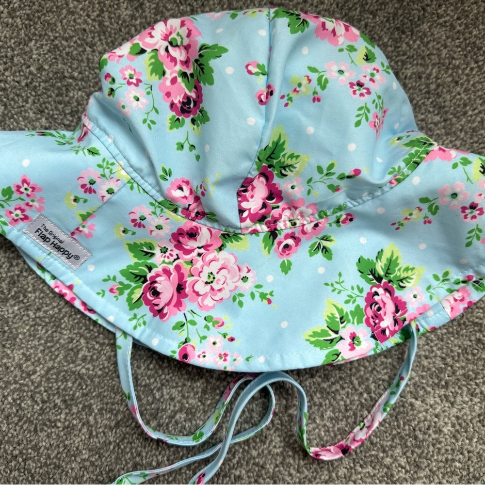 Flap Happy Floral Kids Sun Hat - Light Blue and Pink